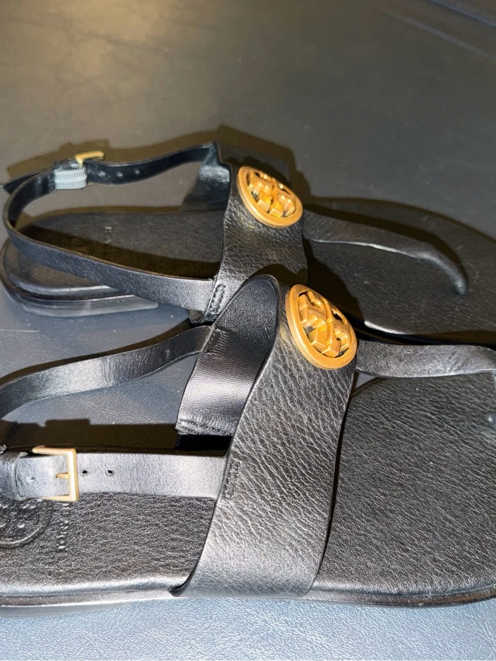 Tory Burch Benton 2 Black Ankle Strap Sandals with Gold Emblem-Size 8